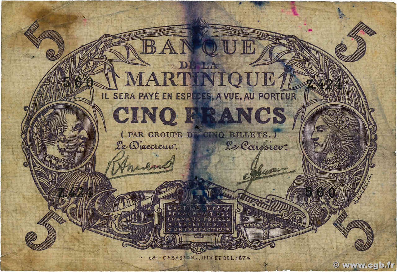 5 Francs Cabasson violet MARTINIQUE  1945 P.06 B