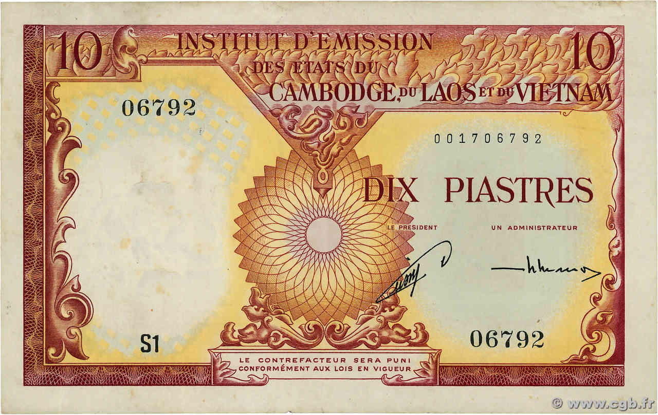 10 Piastres - 10 Riels INDOCHINE FRANÇAISE  1953 P.096a TB+