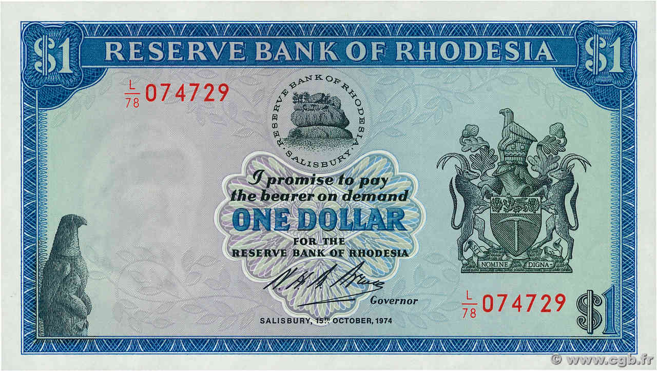 1 Dollar RHODÉSIE  1974 P.30k NEUF