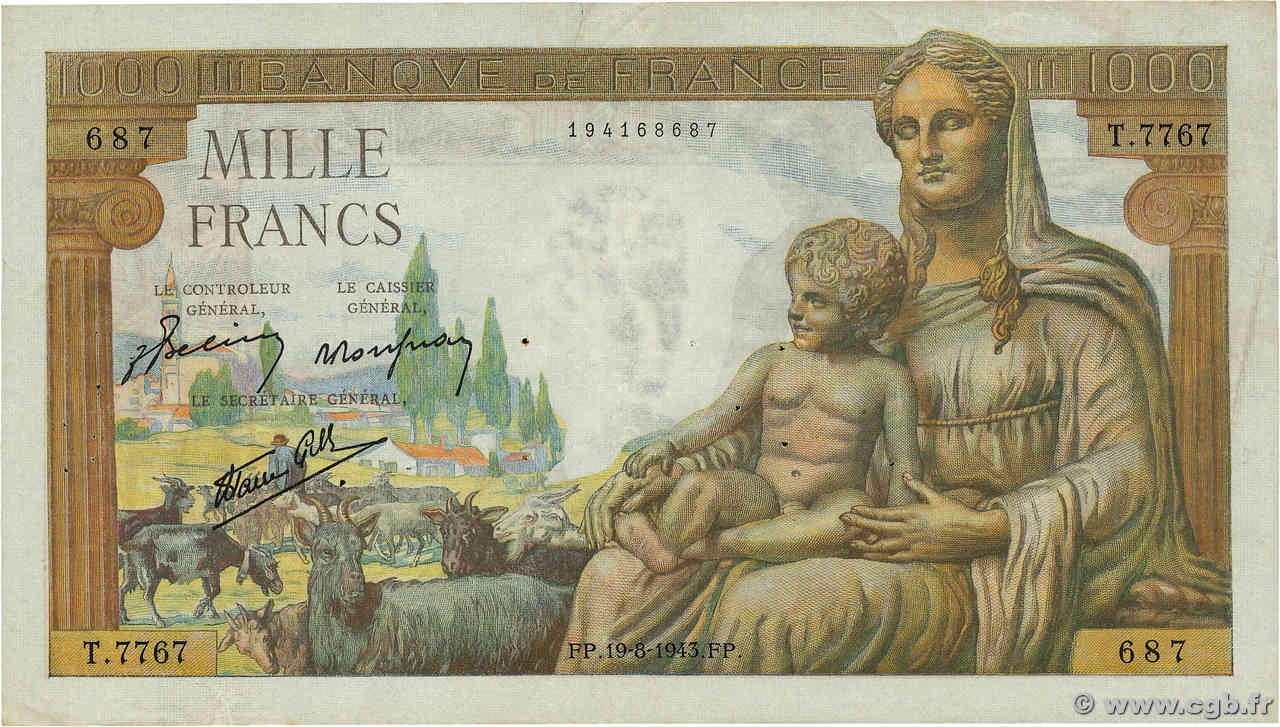 1000 Francs DÉESSE DÉMÉTER FRANKREICH  1943 F.40.33 SS