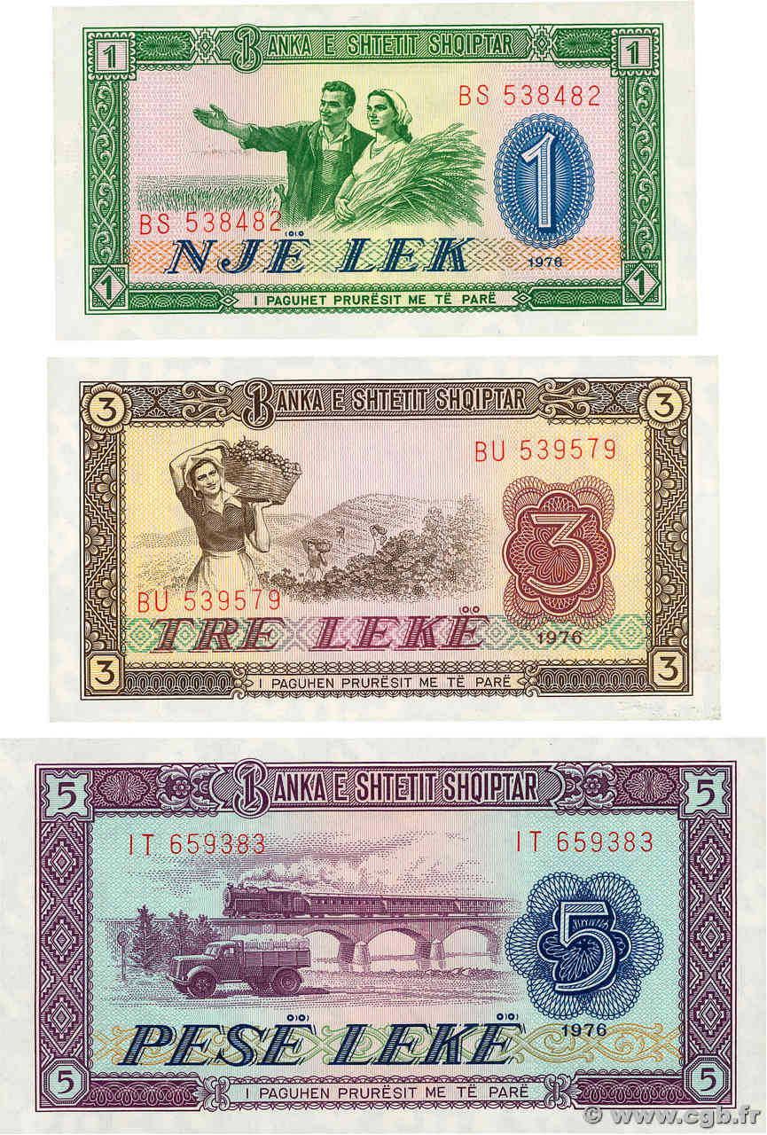 1, 3 et 5 Lek Lot ALBANIE  1976 P.40 au P.42 pr.NEUF