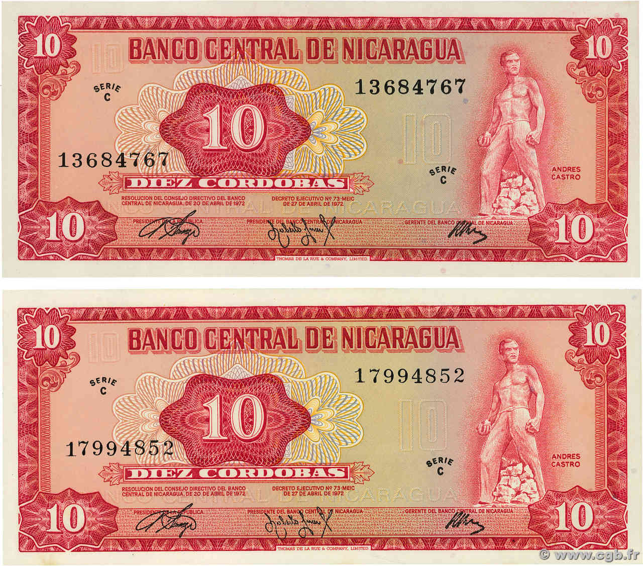 10 Cordobas Lot NICARAGUA  1972 P.123 pr.NEUF