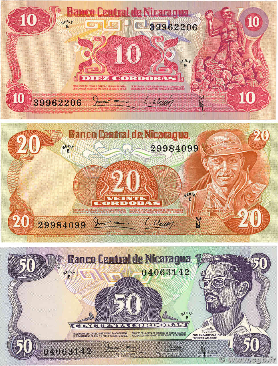10, 20 et 50 Cordobas Lot NICARAGUA  1979 P.134 à P.136 NEUF