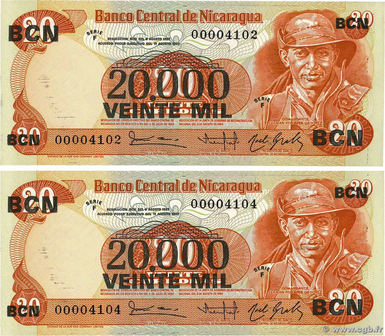 20000 Cordobas sur 20 Cordobas Consécutifs NICARAGUA  1987 P.147 NEUF