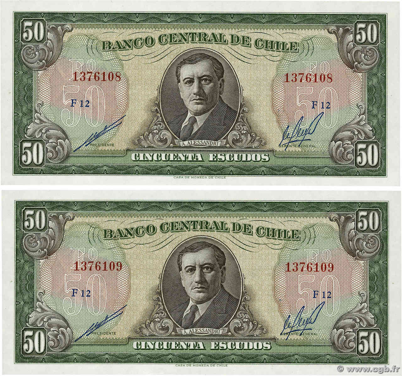 50 Escudos Consécutifs CHILI  1964 P.140b pr.NEUF