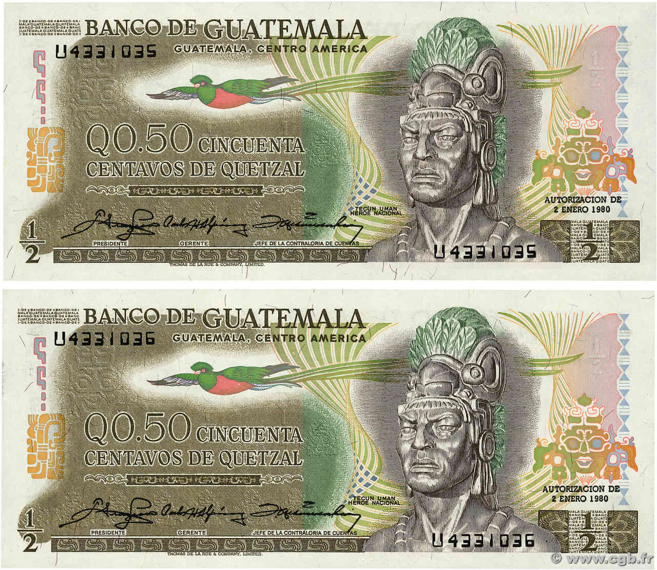 50 Centavos de Quetzal Consécutifs GUATEMALA  1980 P.058c FDC