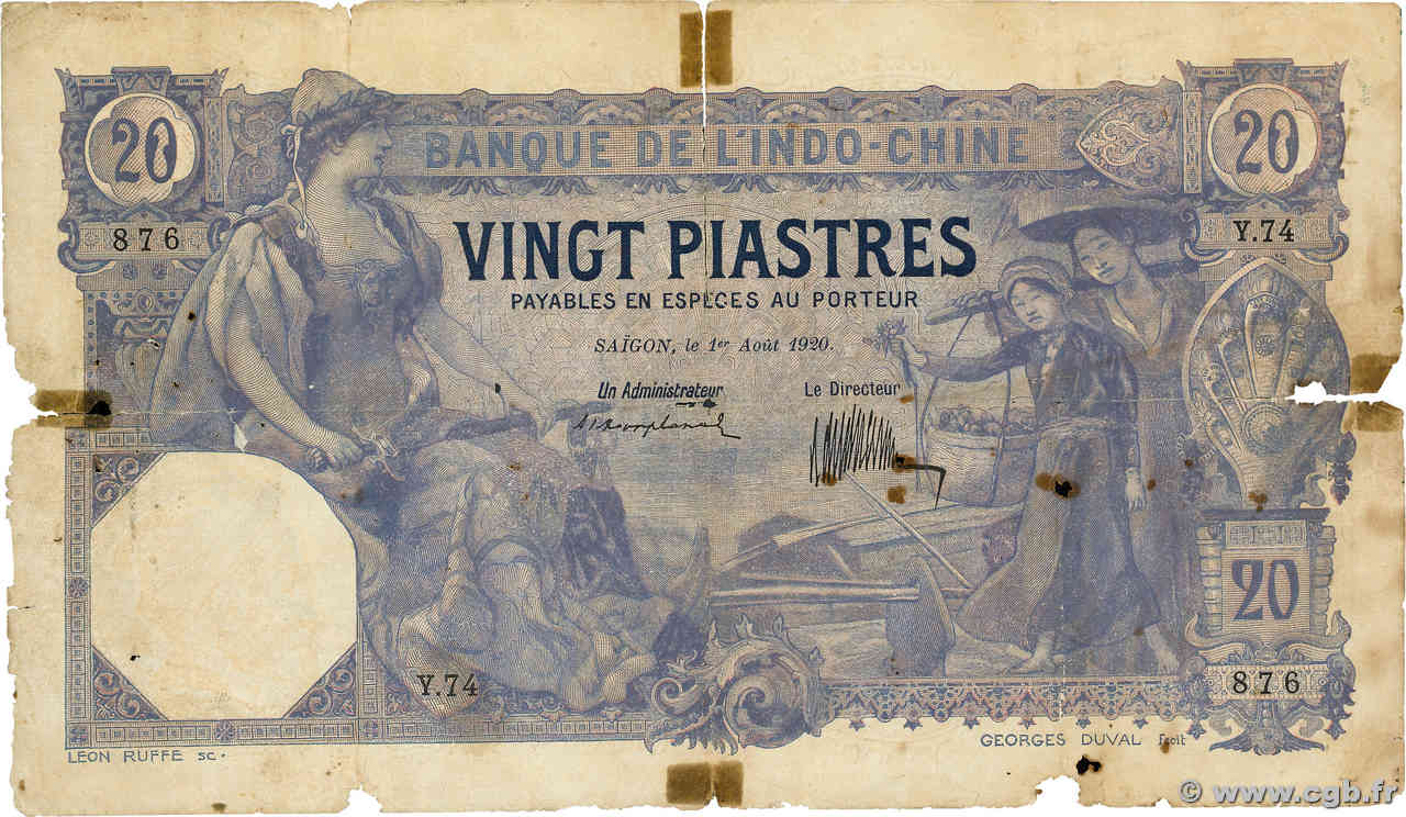 20 Piastres INDOCHINE FRANÇAISE Saïgon 1920 P.041 pr.B