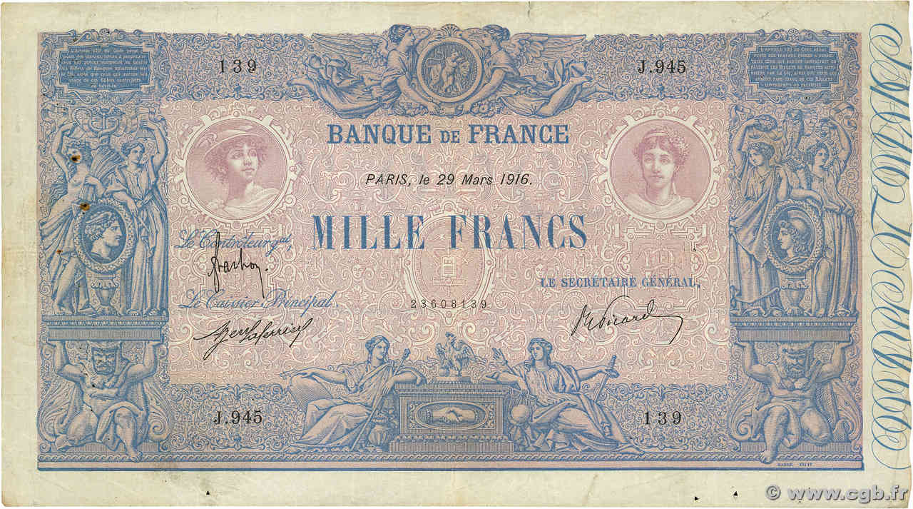 1000 Francs BLEU ET ROSE FRANKREICH  1916 F.36.30 S