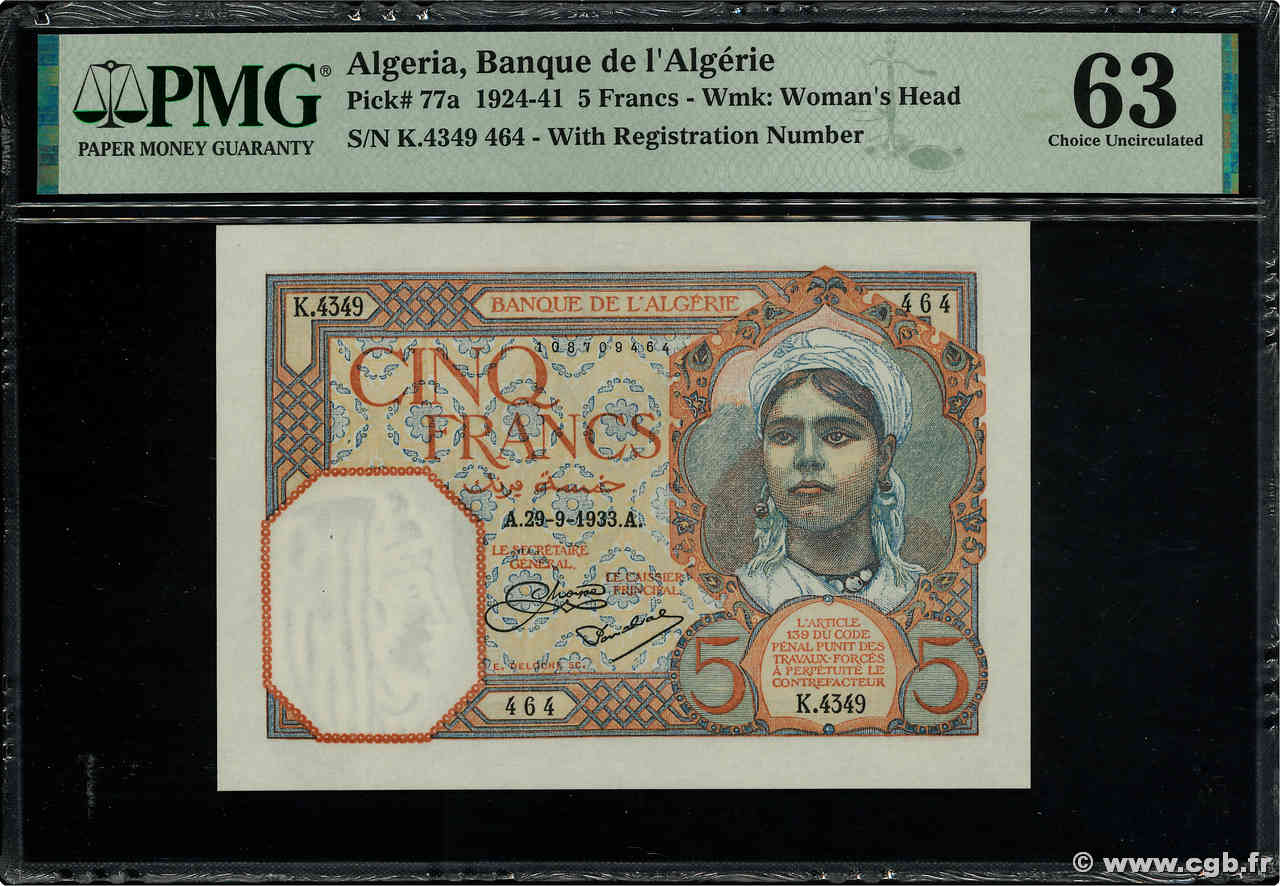 5 Francs ARGELIA  1933 P.077a SC+