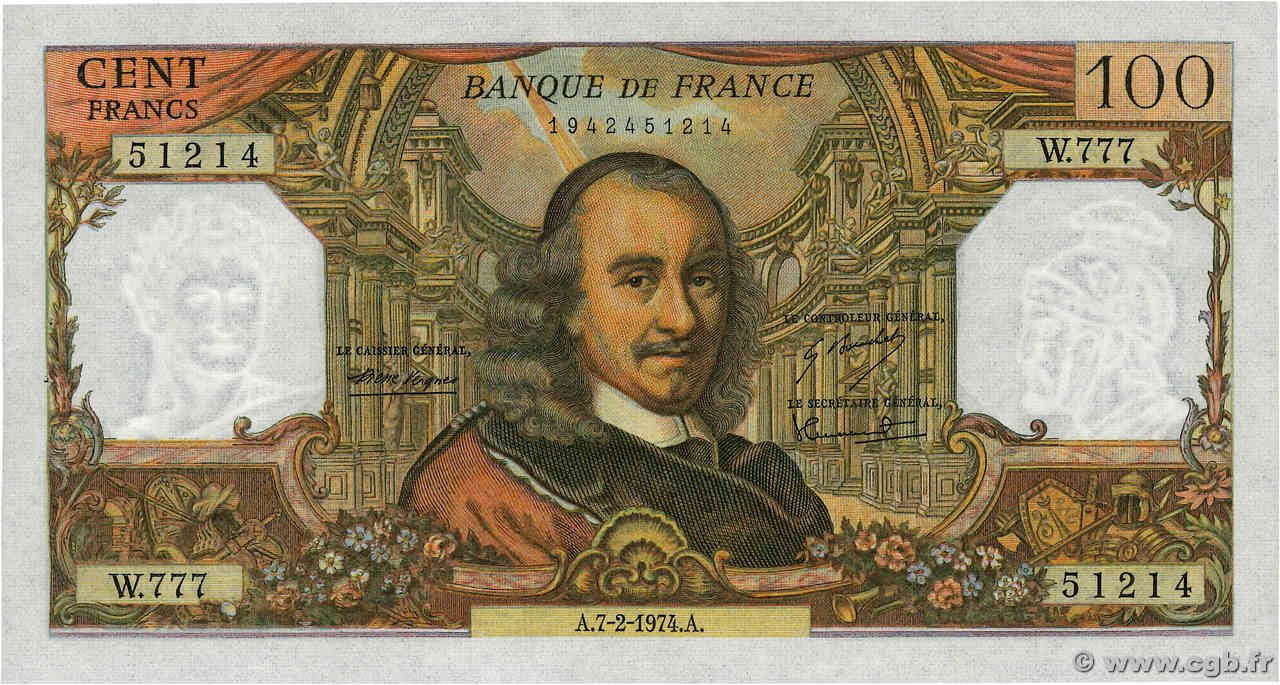 100 Francs CORNEILLE FRANCIA  1974 F.65.45 SC