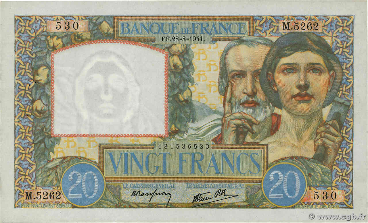 20 Francs TRAVAIL ET SCIENCE FRANCE  1941 F.12.17 XF