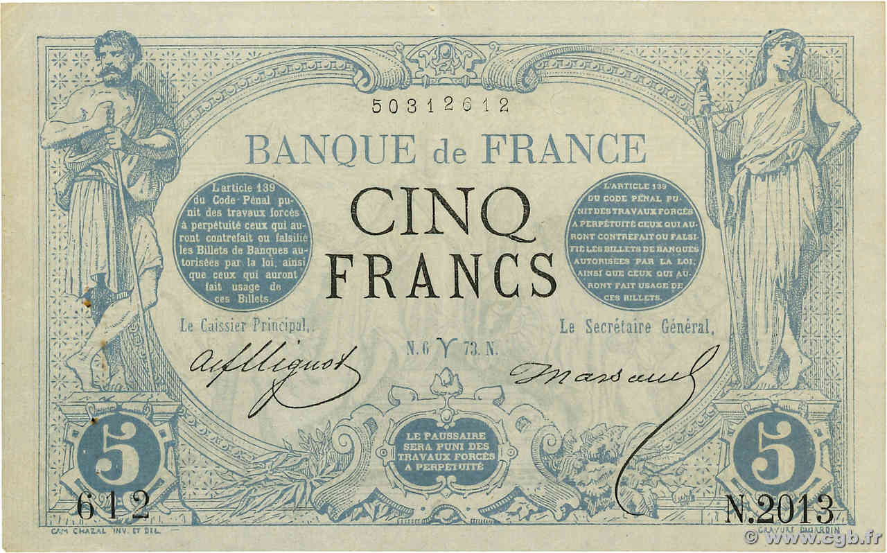 5 Francs NOIR FRANCE  1873 F.01.16 VF+