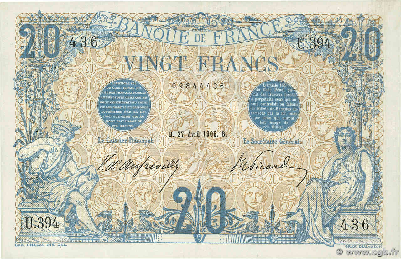 20 Francs BLEU FRANCIA  1906 F.10.01 EBC