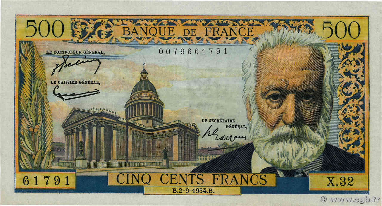 500 Francs VICTOR HUGO FRANKREICH  1954 F.35.03 fST