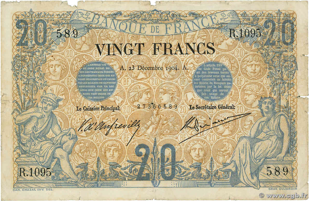 20 Francs NOIR FRANCE  1904 F.09.03 VG