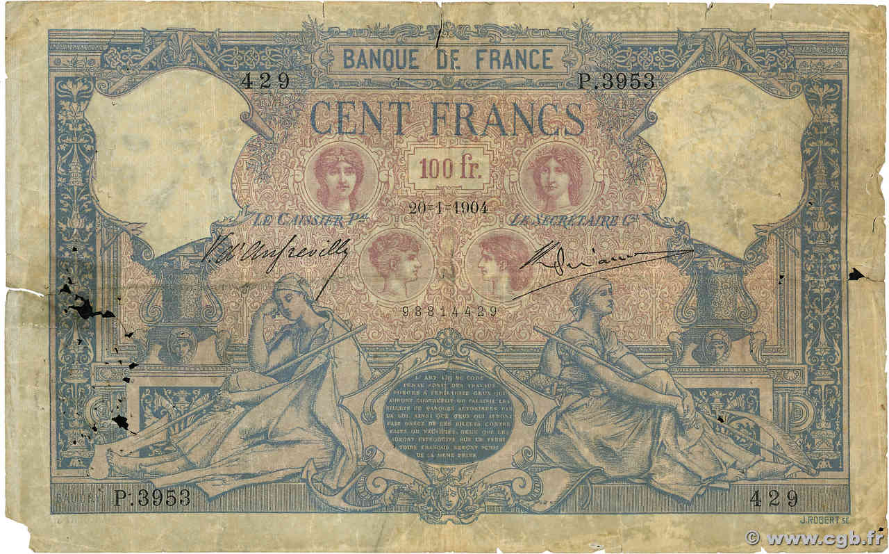100 Francs BLEU ET ROSE FRANCE  1904 F.21.18 B