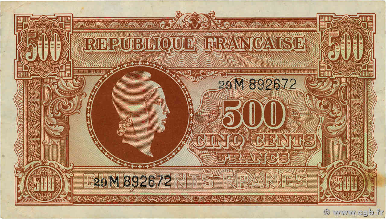 500 Francs MARIANNE fabrication anglaise FRANCE  1945 VF.11.02 TTB+