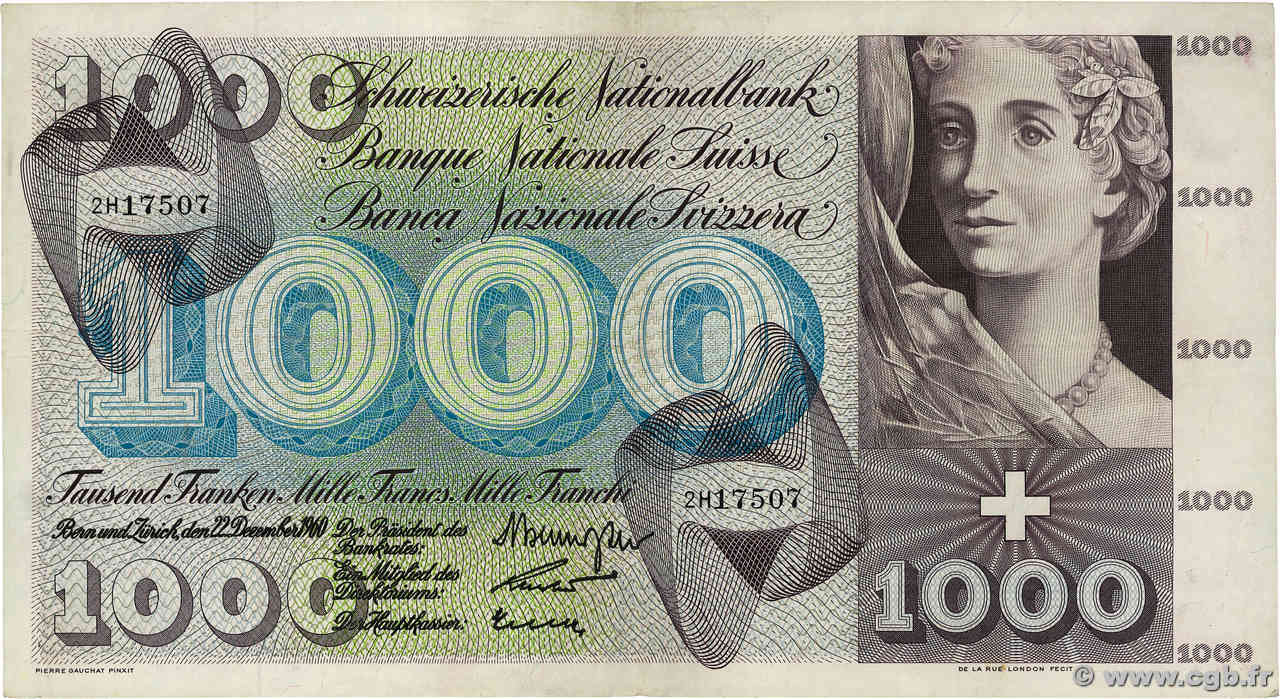1000 Francs SUISSE  1960 P.52d BB