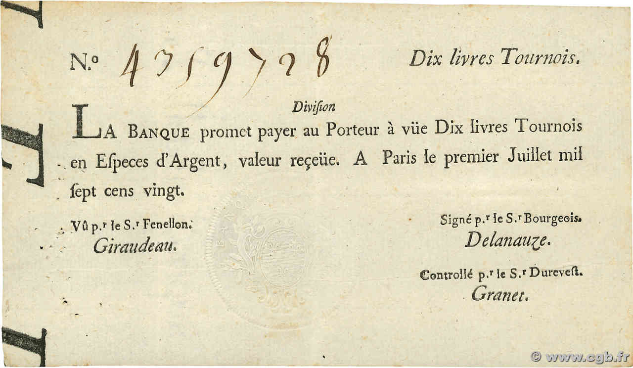 10 Livres Tournois typographié FRANCE  1720 Dor.22 VF