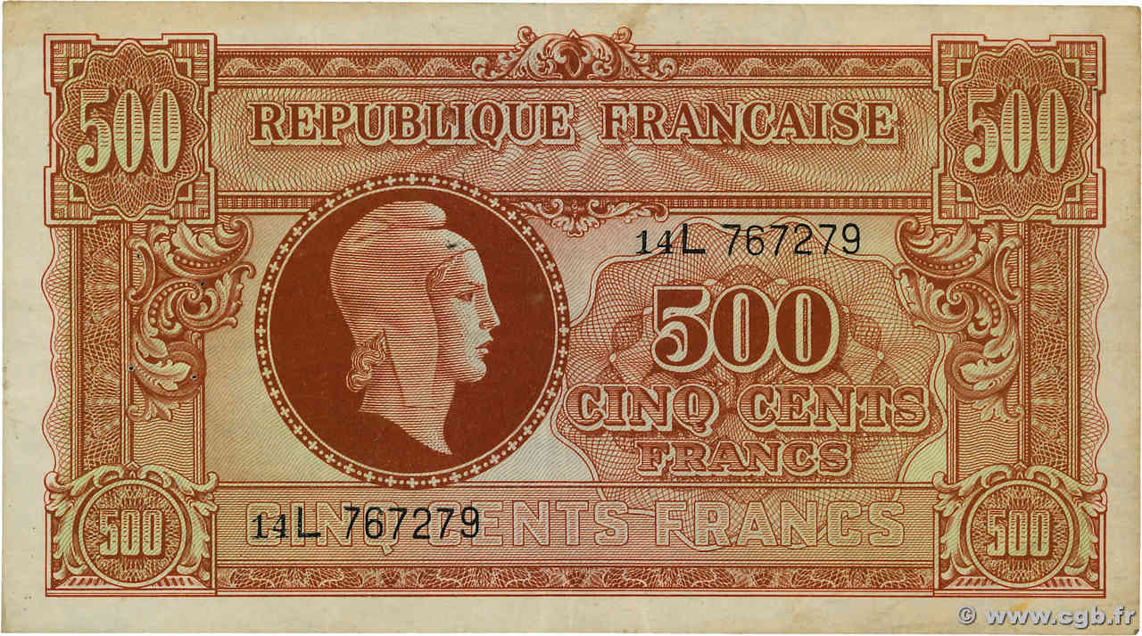 500 Francs MARIANNE fabrication anglaise FRANCE  1945 VF.11.01 TTB