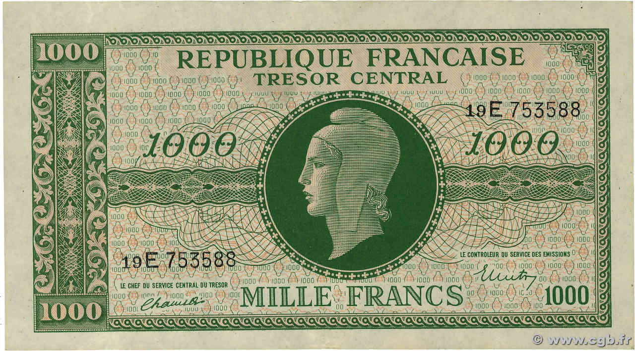 1000 Francs MARIANNE THOMAS DE LA RUE FRANCE  1945 VF.13.02 TTB