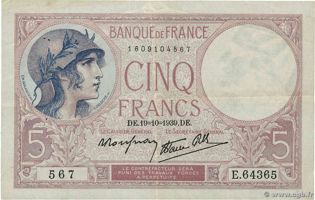 5 Francs FEMME CASQUÉE modifié FRANCE  1939 F.04.12 TTB