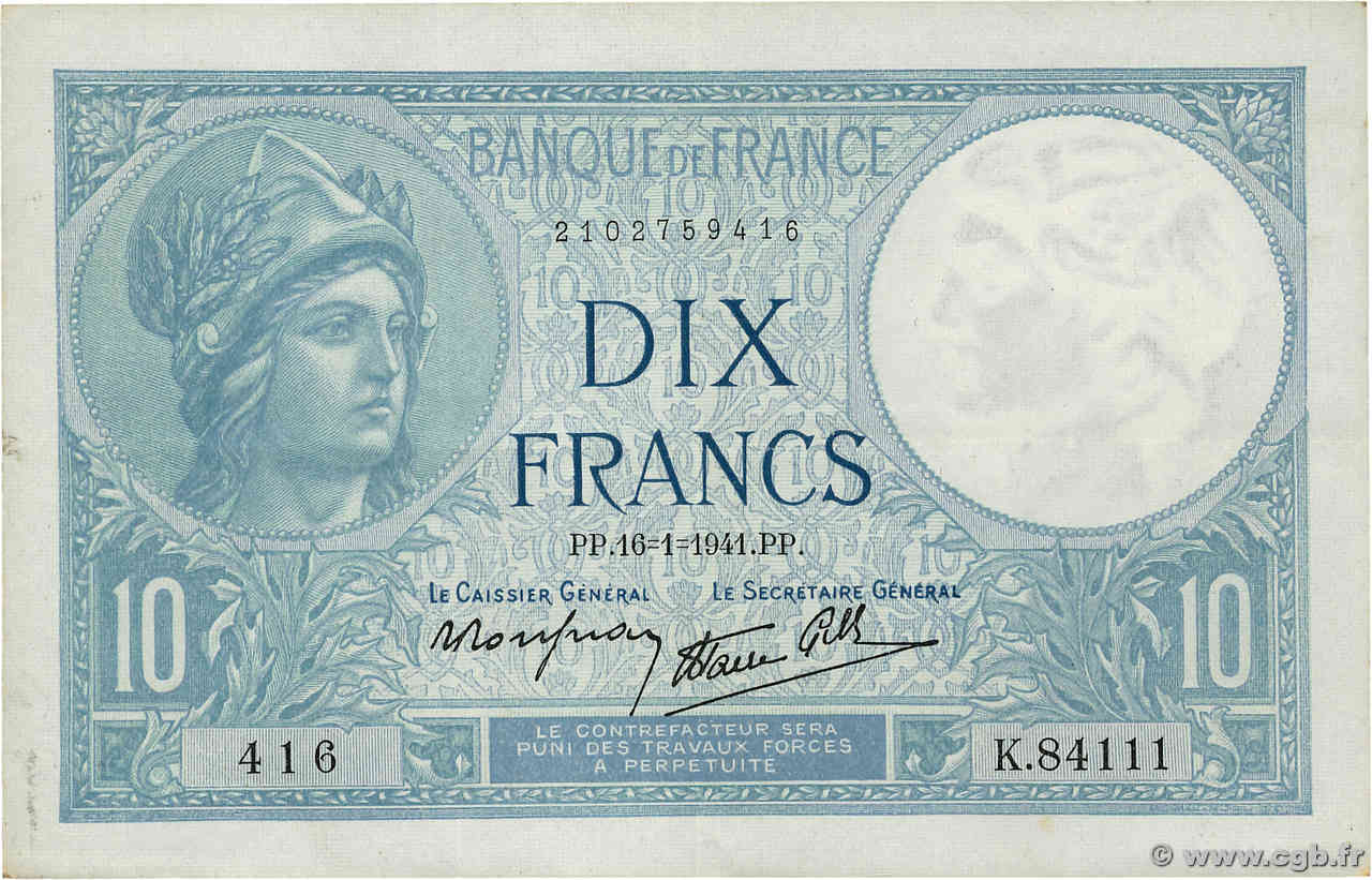 10 Francs MINERVE modifié FRANCE  1941 F.07.28 TTB+