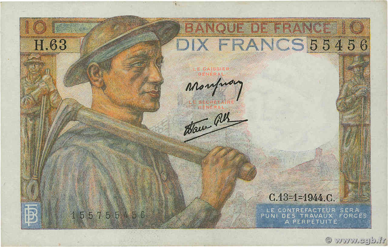 10 Francs MINEUR FRANCE  1944 F.08.10 TTB+