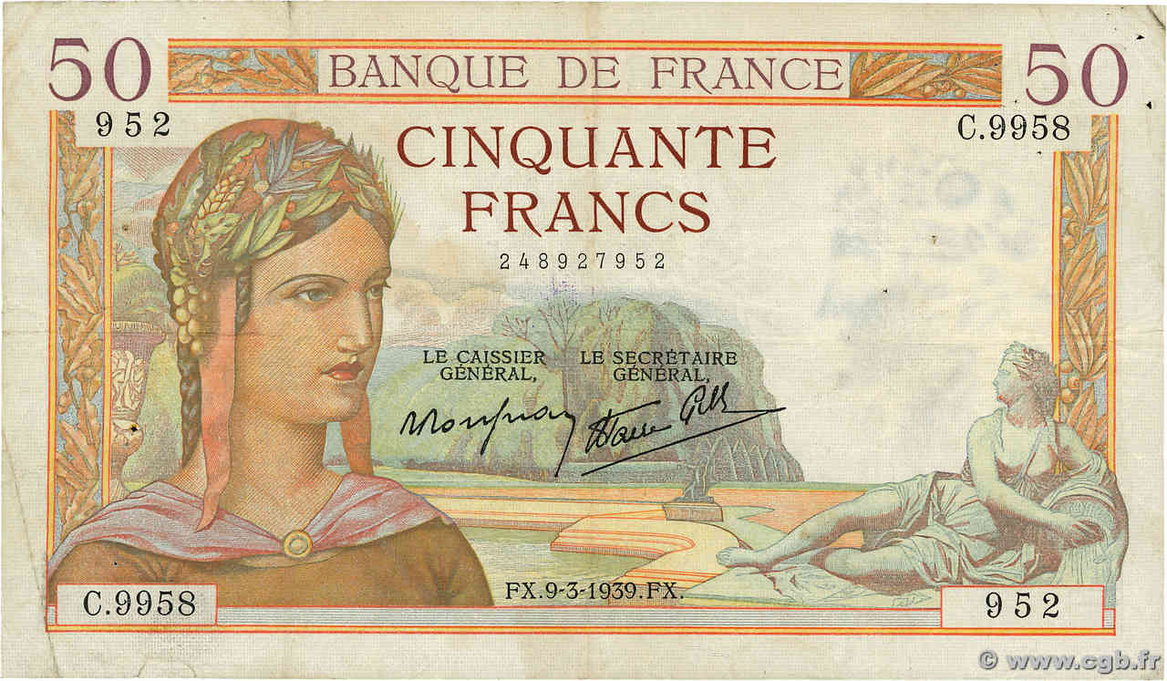 50 Francs CÉRÈS modifié FRANCE  1939 F.18.23 TB+