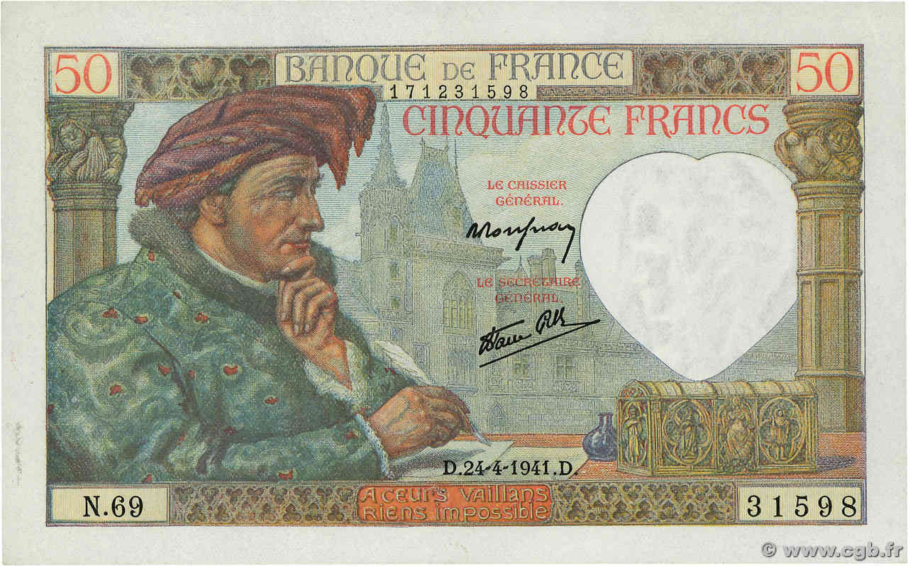 50 Francs JACQUES CŒUR FRANCE  1941 F.19.09 SPL