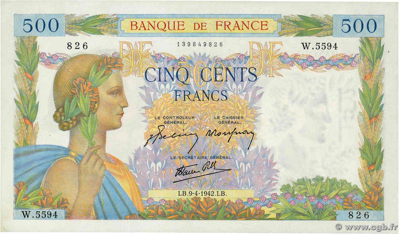 500 Francs LA PAIX FRANCE  1942 F.32.34 SUP+
