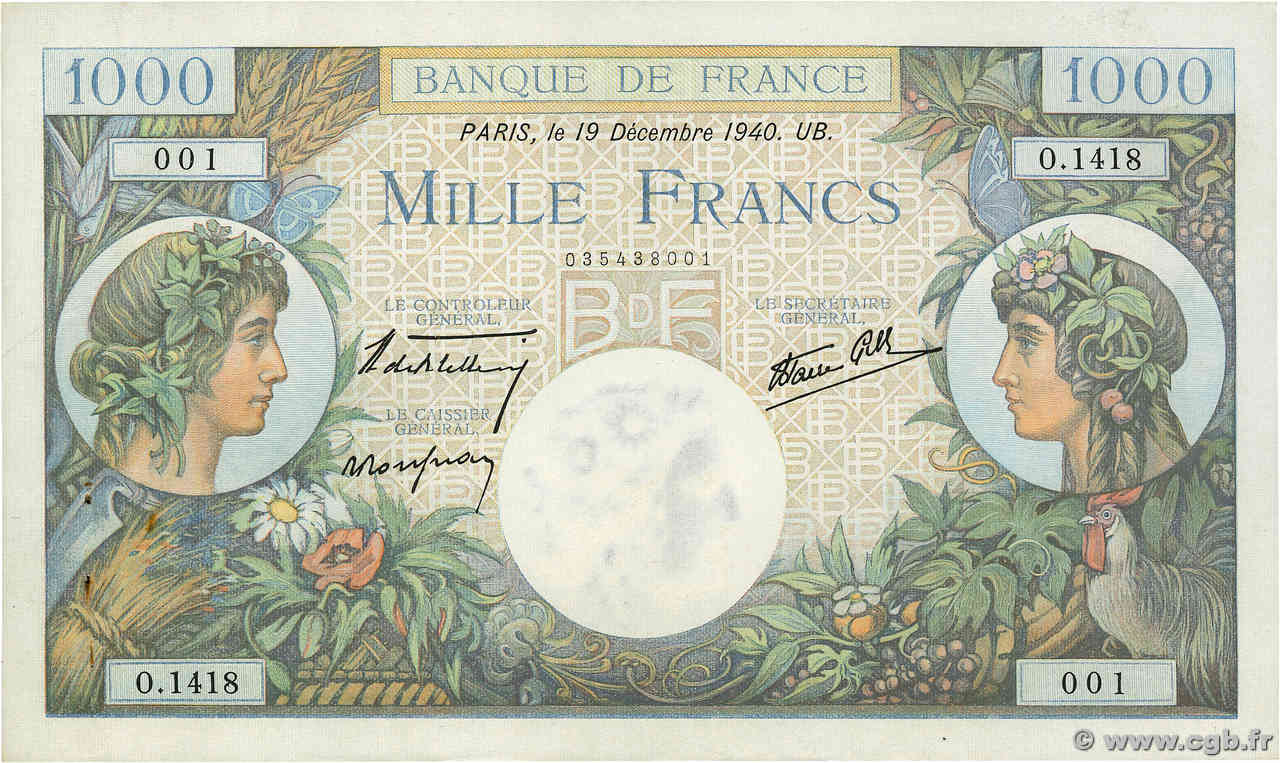1000 Francs COMMERCE ET INDUSTRIE FRANCE  1940 F.39.03 SUP