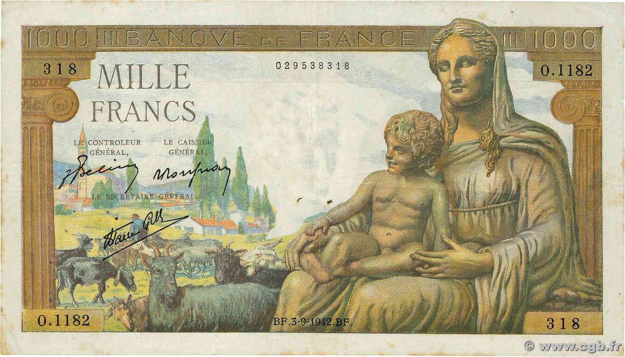 1000 Francs DÉESSE DÉMÉTER FRANCE  1942 F.40.06 TB+