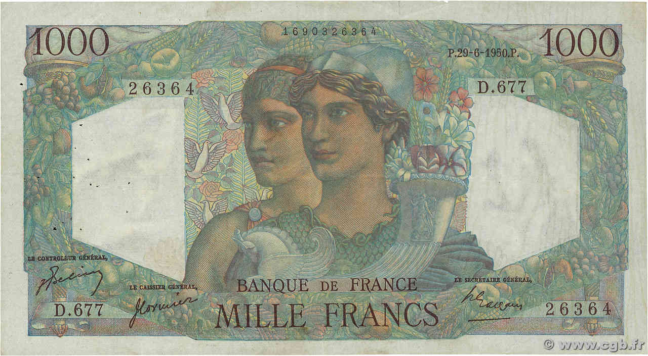 1000 Francs MINERVE ET HERCULE FRANCE  1950 F.41.33 TB+