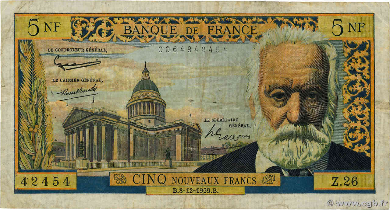 5 Nouveaux Francs VICTOR HUGO FRANCE  1959 F.56.04 TB