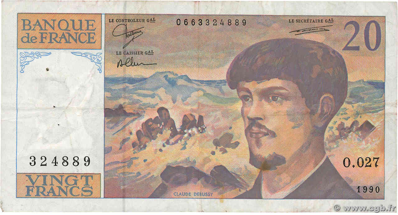 20 Francs DEBUSSY à fil de sécurité FRANCE  1990 F.66bis.01 TB