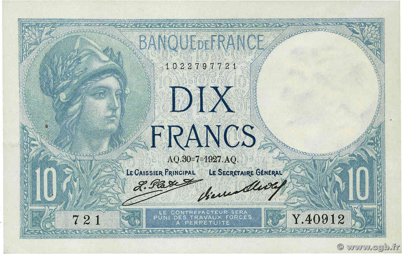 10 Francs MINERVE FRANCE  1927 F.06.12 pr.SPL