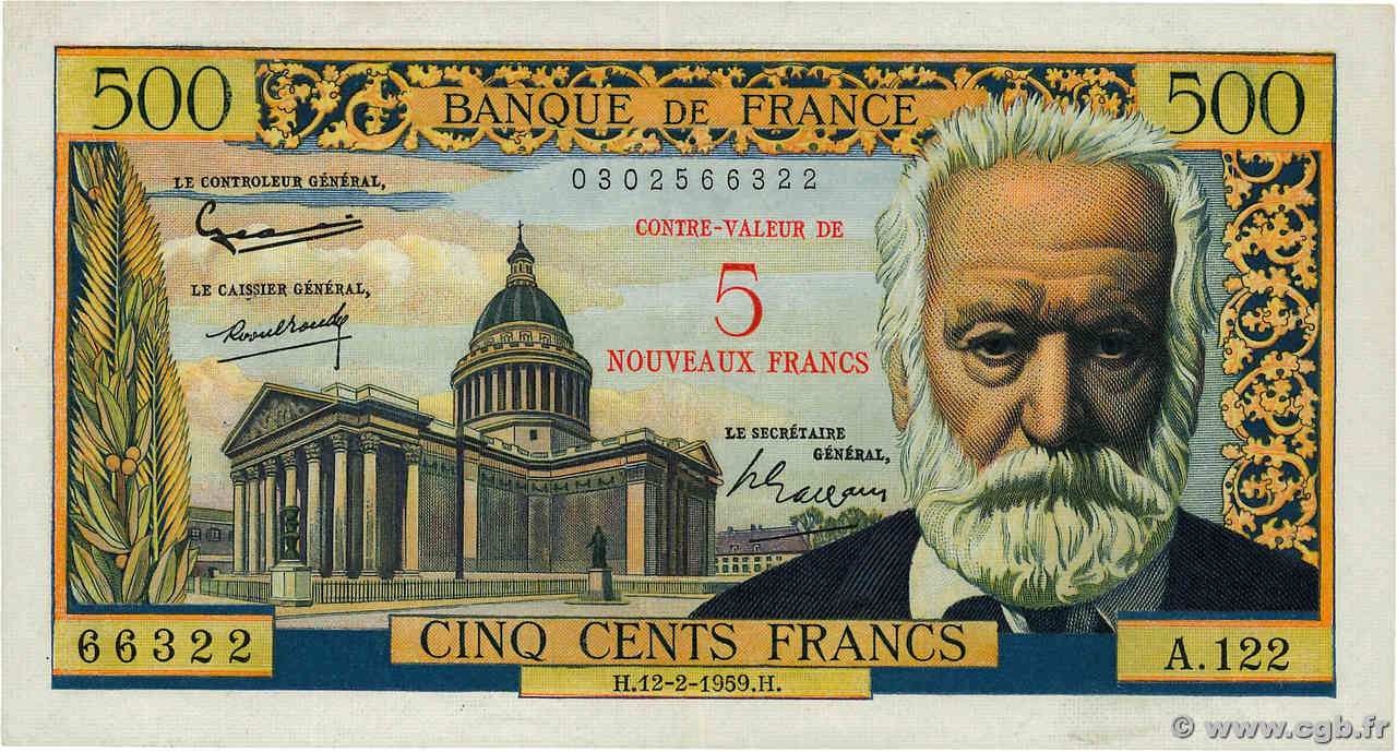 5 NF sur 500 Francs Victor HUGO FRANCE  1959 F.52.02 TTB+