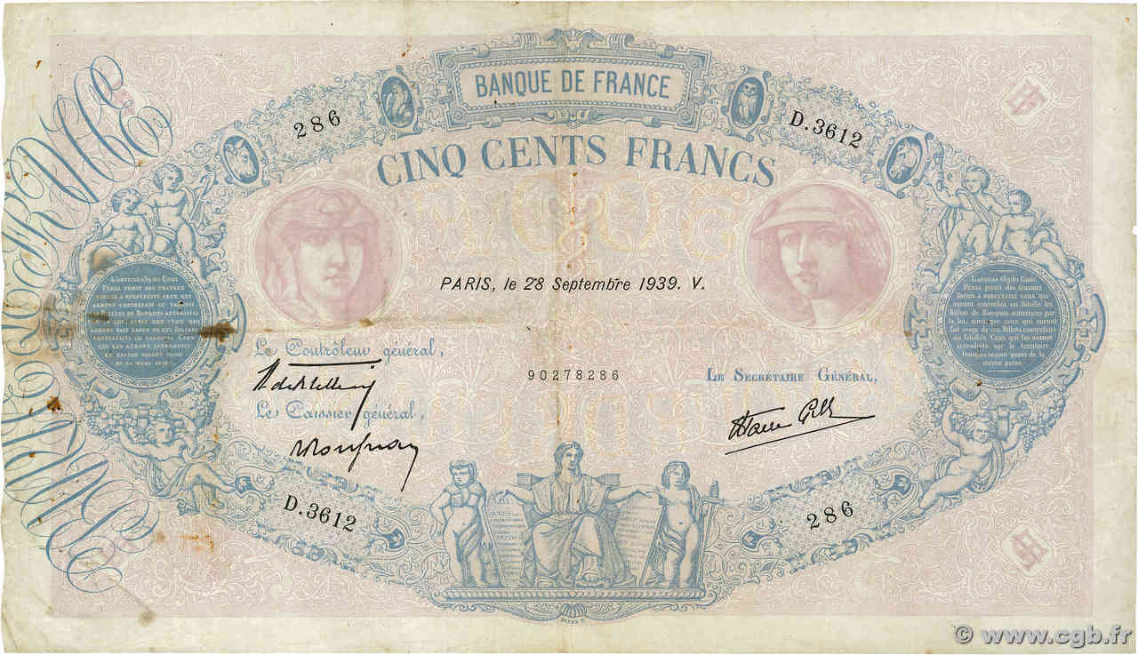500 Francs BLEU ET ROSE modifié FRANCE  1939 F.31.41 TB+