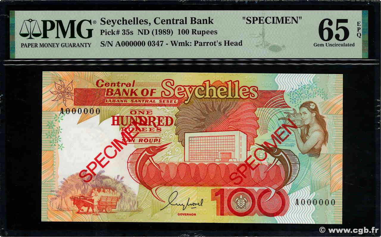 100 Rupees Spécimen SEYCHELLES  1989 P.35s NEUF