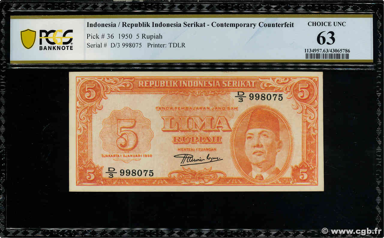 5 Rupiah Faux INDONESIA  1950 P.036 SC+