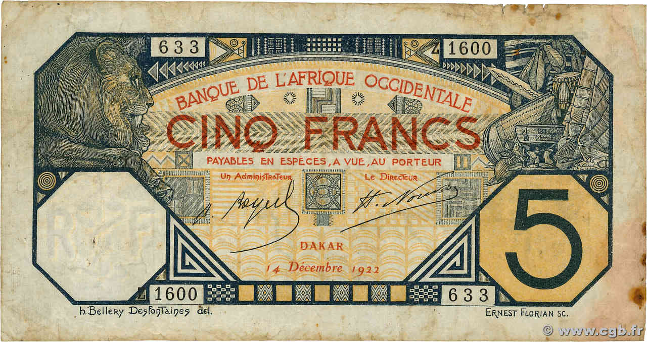 5 Francs DAKAR AFRIQUE OCCIDENTALE FRANÇAISE (1895-1958) Dakar 1922 P.05Bb TB