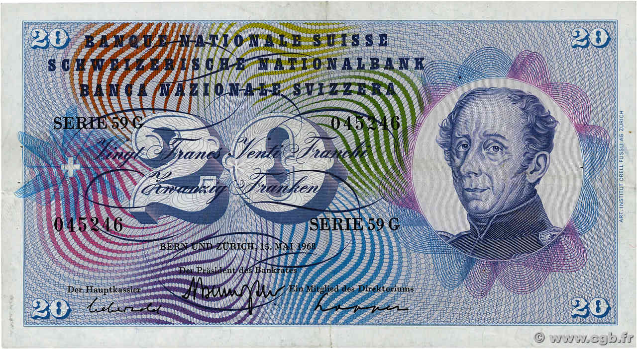 20 Francs SUISSE  1968 P.46p TTB
