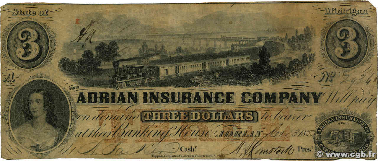 3 Dollars UNITED STATES OF AMERICA Adrian 1852  G