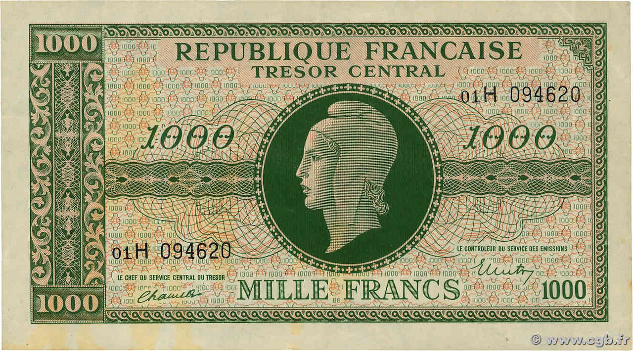 1000 Francs MARIANNE THOMAS DE LA RUE FRANKREICH  1945 VF.13.03 SS