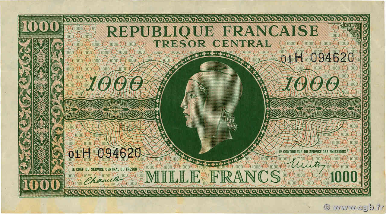 1000 Francs MARIANNE THOMAS DE LA RUE FRANCIA  1945 VF.13.03 MBC