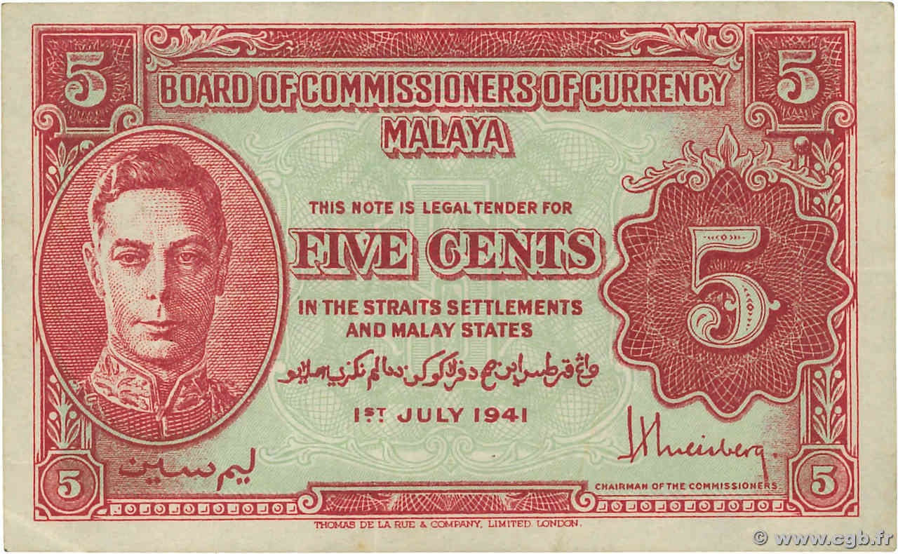 5 Cents MALAYA  1941 P.07a q.SPL