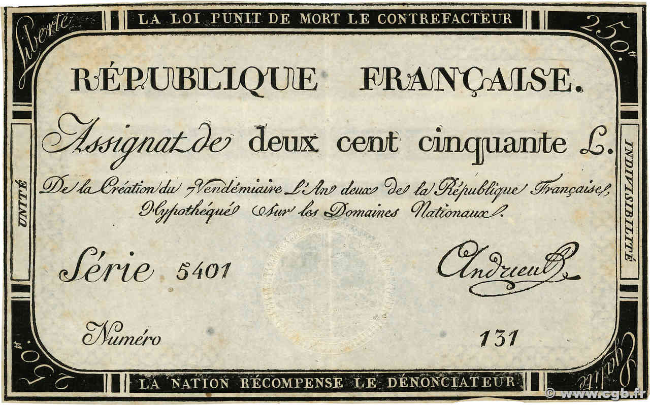 250 Livres FRANKREICH  1793 Ass.45a fVZ