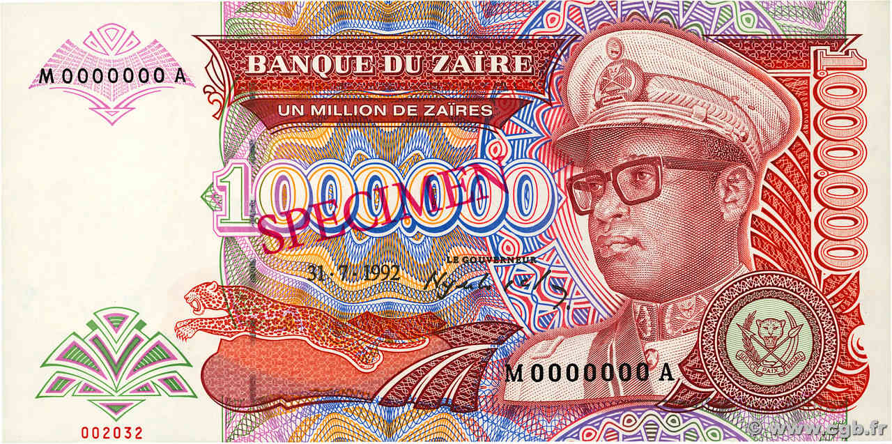 1000000 Zaïres Spécimen ZAÏRE  1992 P.44s fST+