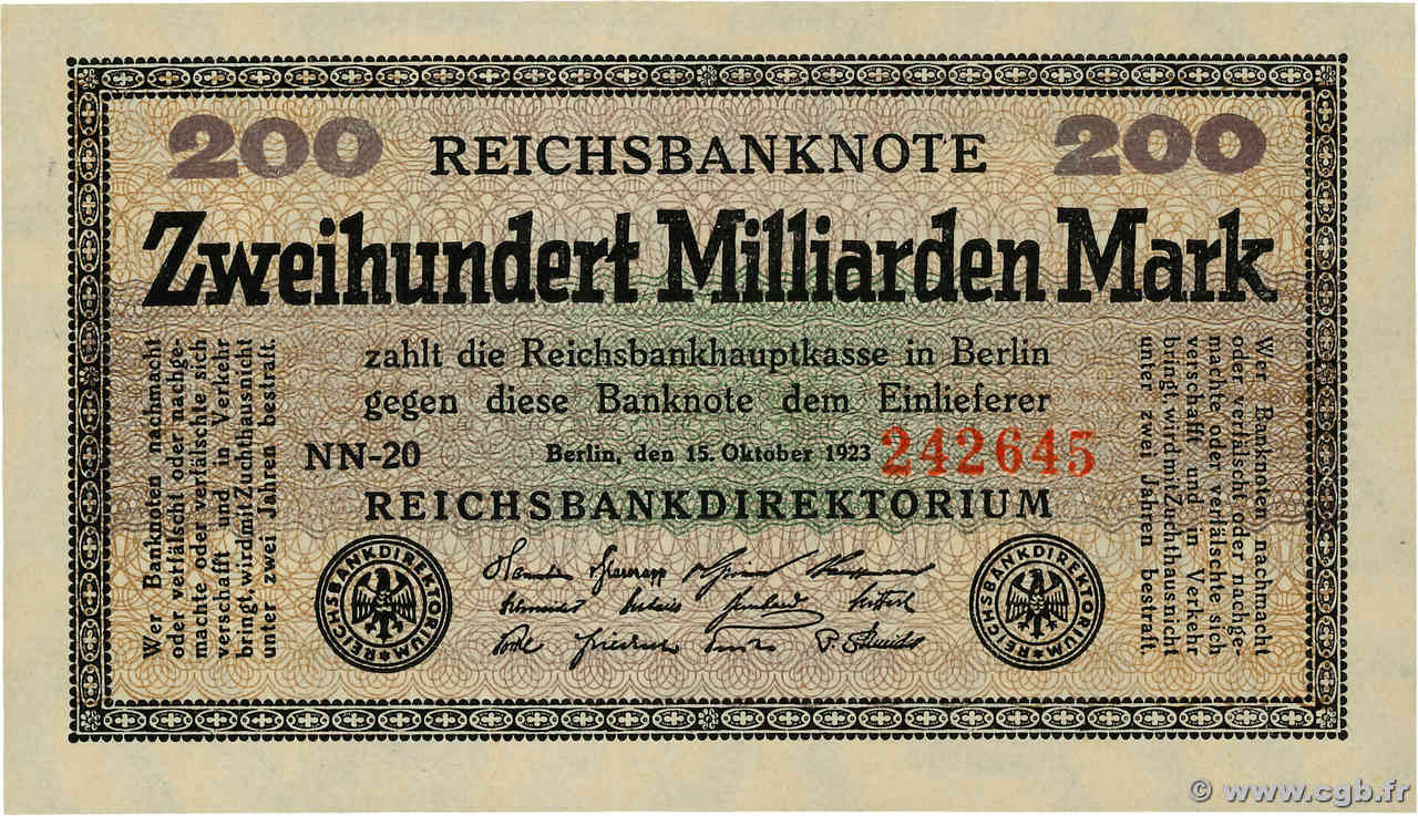 200 Milliarden Mark DEUTSCHLAND  1923 P.121a fST+